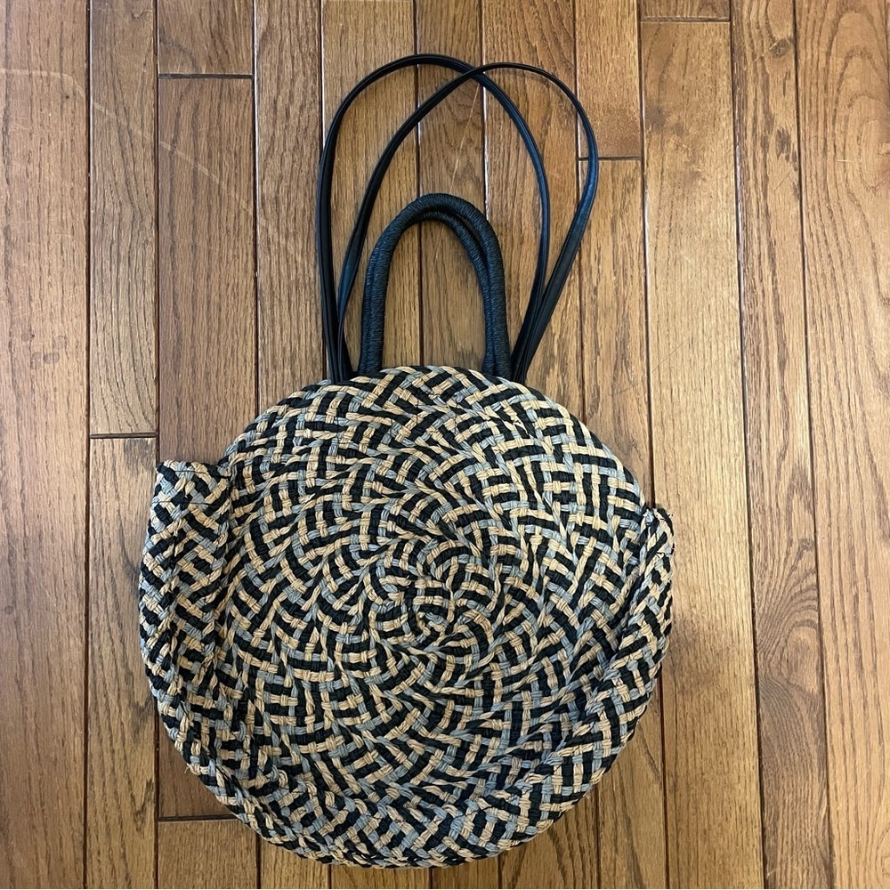 Woven Black, Blue, and Tan Large Cottagecore Feminine Beach Tote Handbag